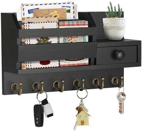 VIS'V Key Holder Wall Mount, Wooden Mail and Key Organizer, Black by VISV