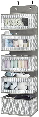 Over the Door Hanging Organizer with 5 Large Pockets - Wall Mount Pantry Storage with Clear PVC Window & 2 Big Metal Hooks for Closet,Bathroom,Nursery,Bedroom,Dorm,Baby Diapers,Kids Toys (Gray) by VERONLY