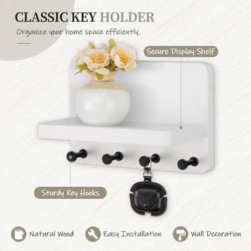 Nekon Key Holder for Wall with Shelf, Pine Wooden Key Hanger, White - Image 2