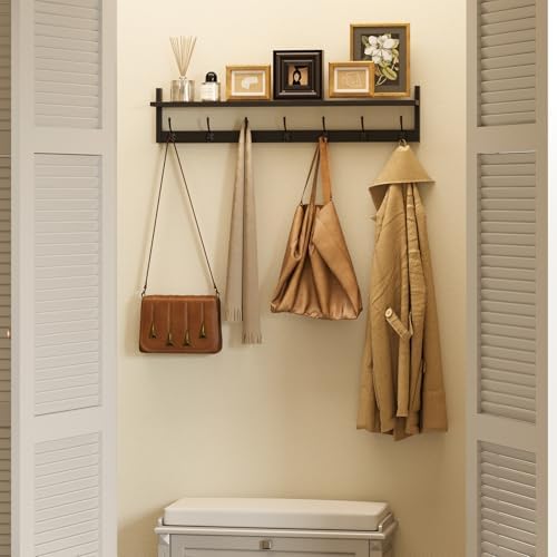 BAMEOS Wall Hooks with Shelf 35 Inch Length Entryway Hanging Shelf Wood Coat Hooks Wall-Mounted Coat Hook Rack with 7 Dual Hooks for Bathroom, Living Room, Bedroom (Black) - Image 4