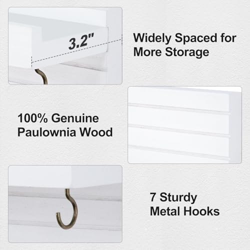 Lwenki Decorative Key Holder for Wall with Shelf, Entryway Shelf with Hooks Holds Leashes, Jackets and Glasses – Sturdy Wood Keyholder Entrance Hanger with Mounting Hardware (White, Large) - Image 2
