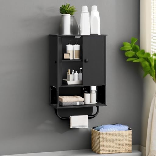 MAHANCRIS Bathroom Wall Cabinet with 2 Door and Adjustable Shelf, Farmhouse Medicine Cabinet with Towel Rack, 3-Tier Wall Mounted Storage Cabinet Over The Toilet for Bathroom Laundry Room, Black - Image 5