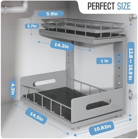 Under Sink Organizer Upgrade To Professional Rails,2-Tier Dual Pull Out Cabinet Storage,Height Adjustable Slide Out Drawers For Bathroom Kitchen,2 Pack-14.5"Dx12.8"-16.9"H,Gun Gray - Image 6