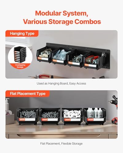 VEVOR Wall Mounted Storage Bins, 12 Plastic Bins & 3 Metal Rails, Plastic Hanging Stackable Storage Bin for Screws, Nuts, Bolts, Nails, Hardware Tool Organizer for Workshop, Craft Room, Garage, Black - Image 4