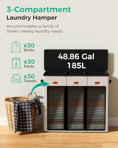 185L Laundry Hamper 3 Section with Lid & Removable Bags - Image 5
