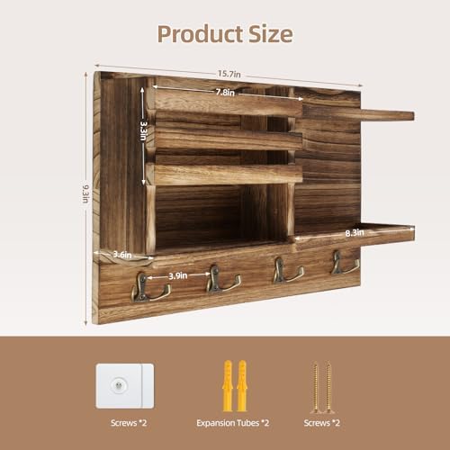 Key Holder Wall Mount, Solid Wood Key and Mail Organizer for Wall(Self Adhesive or Drill), 8 Hooks Key Rack for Entryway Hallway Bedroom Farmhouse Home Decor (Burnt Brown) - Image 3