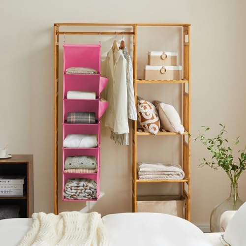 YOUDENOVA Hanging Closet Organizer and Storage, 6-Shelf, Pink | Breathable Fabric, Clothes Organizer with 2 Side Pockets, Hanging Shelves for Closet Storage, Dorm Room Essentials for Guys - Image 4