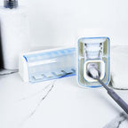 5 Slots Wall Mount Toothbrush Holder with Cover, Self Adhesive Toothbrush Storage Organizer for Shower, Toothbrush Hanger with Automatic Toothpaste Squeezer Dispenser(White + Blue) - Image 5