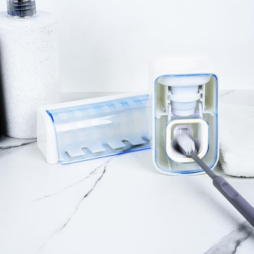 5 Slots Wall Mount Toothbrush Holder with Cover, Self Adhesive Toothbrush Storage Organizer for Shower, Toothbrush Hanger with Automatic Toothpaste Squeezer Dispenser(White + Blue) - Image 5