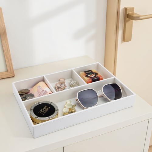 GORESE Faux Leather Valet Tray, Stackable Jewelry Trays for Dresser Table Drawer, Nightstand Organizer for Men Women, EDC Catch All Tray for Trinket, Key, Purse, Sunglass, Watch, Cologne, White - Image 7