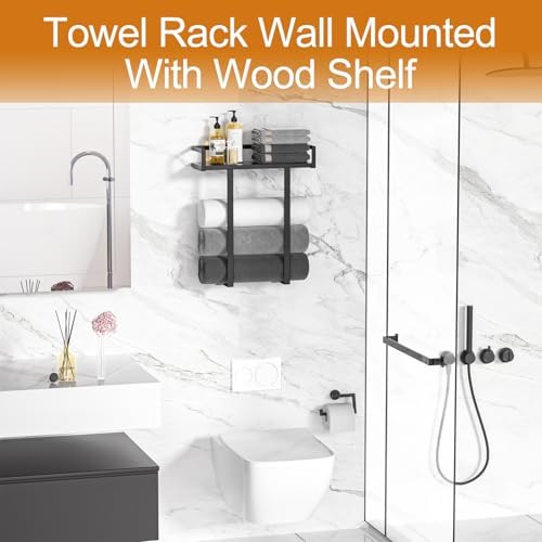 Towel Racks for Bathroom Wall Mounted, Xstydes Metal Towel Holder with Wooden Shelf for Folding Large Towels, Towel Storage for Small Bathroom Organizer Decor or RV Camping, Black - Image 4