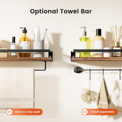 Amada Bathroom Shelves with Towel Bar, Set of 2, Rustic Brown - Image 5