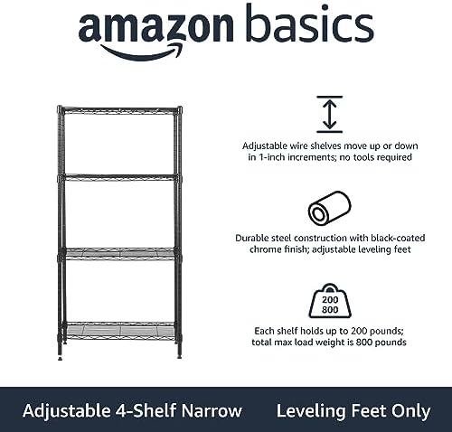 Amazon Basics 4-Shelf Steel Wire Storage Shelves for Garage, Adjustable Metal Shelving Unit, 200 lbs Per Shelf, 23.2" W x 48" H x 13.4" D, Black - Image 4
