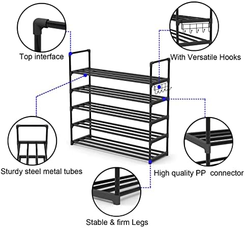 Hsscblet Shoe Rack for Closet, 5-Tier Metal Shelf Storage with Hooks, Black - Image 6