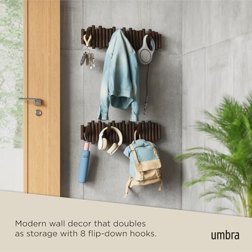 Umbra Picket Coat Rack, Wall Mount 8 Flip-Down Coat Hooks, Walnut - Image 4