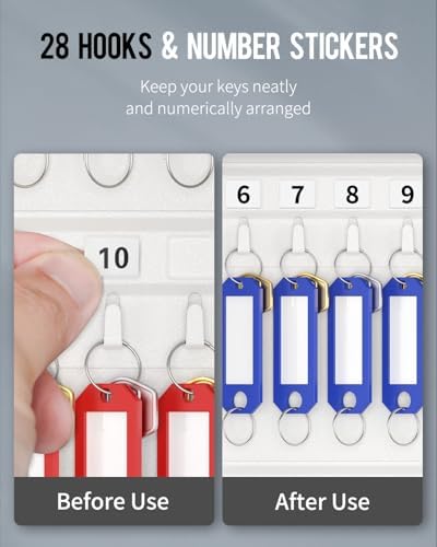 Uniclife 28 Position Key Cabinet with Key Lock Wall Mounted White Security Storage Box Steel Key Organizer with Colorful Key Tag Labels Stickers and Hooks - Image 3