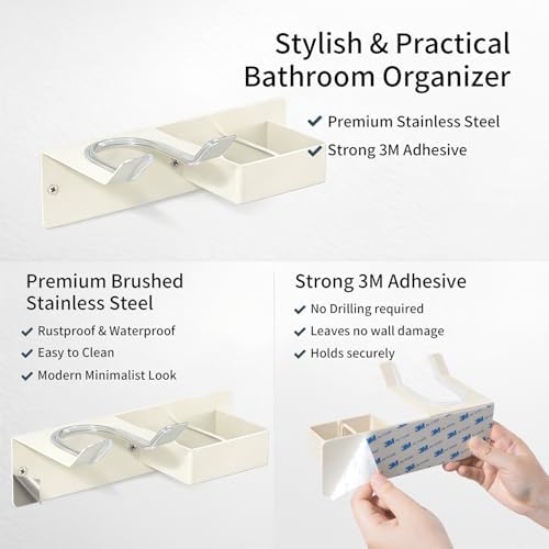 Hair Dryer and Straightener Holder, Stainless Steel Hair Dryer Stand for Bathroom, Hair Dryer Holder Wall Mounted Adhesive or Drilling, Hair Tool Organizer for Salon Barber Shops White - Image 3