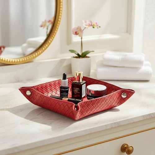 UnionBasic Small Valet Tray, Jewelry Tray for Rings Watches Earrings, Entryway Catchall Caddy for Coins Keys Change, Nightstand Bedside Valet Holder, Trays for Electronic Gadgets, Woven Red - Image 5