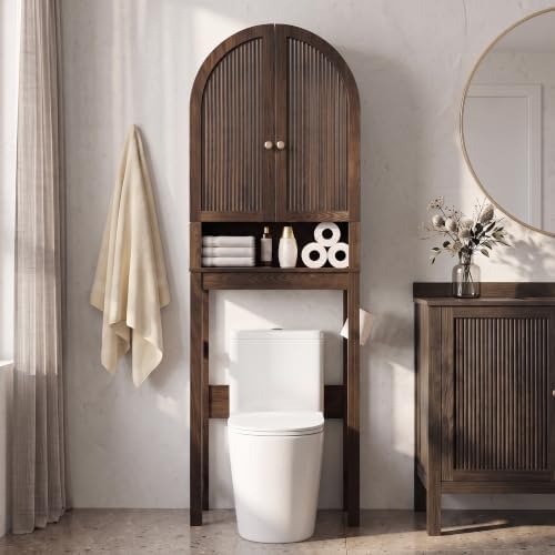 HMstone Over The Toilet Storage Cabinet, Arched Bathroom Organizer and Storage with Doors and Adjustable Shelf, Space-Saving Freestanding Bathroom Modern Storage Cabinet Over Toilet (Walnut) - Image 3
