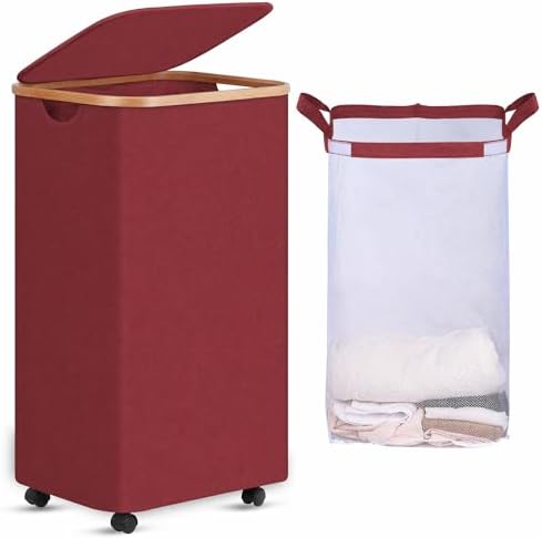 efluky Laundry Basket with Wheels, Tall Rolling Laundry Hamper with Lid and Removable Bag, Aesthetic Dirty Clothes Hamper on Wheels for Laundry Room, Bedroom, Dorm and Bathroom, 100L Red by efluky