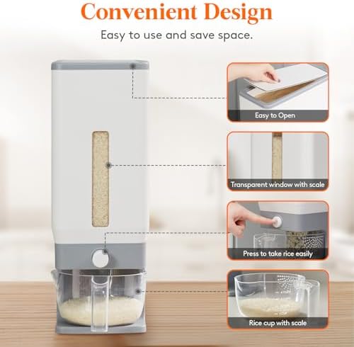 Lifewit Rice Dispenser 25 Lbs, Airtight Storage with Measuring Cup, Grey - Image 3