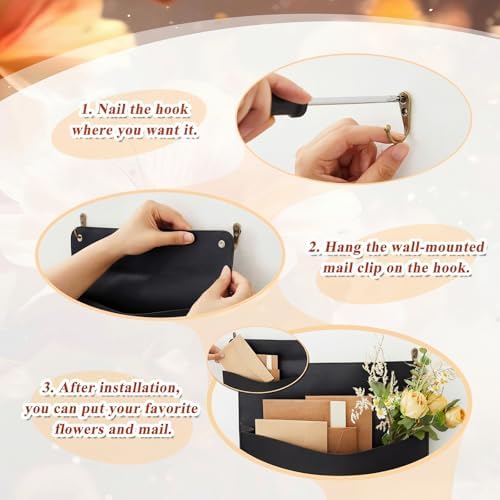 Marspark 2 Set PU Leather Mail Holder Wall Mount 12.2x10.24 Inch Leather Letter Holder 2 Ring Binder Hanging Wall File Organizer Mail Sorter for Decor Storage Letter Postcard Flower Home Office(Black) - Image 4