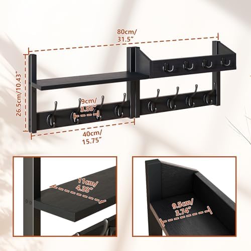 YMYNY 31.5" Coat and Key Rack Wall Mount with Shelf, Black, HWS007B-2 - Image 5