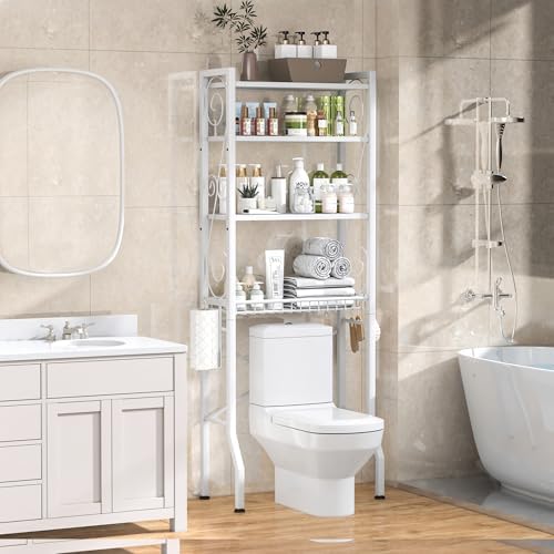 Aduanbang 4 Tier Over The Toilet Storage Rack, Bathroom Organizer Shelf with Basket, Adjustable Shelves, Freestanding Space Saver for Small Bathrooms (White) - Image 7