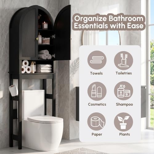 HMstone Over The Toilet Storage Cabinet, Arched Bathroom Organizer and Storage with Doors and Adjustable Shelf, Space-Saving Freestanding Bathroom Modern Storage Cabinet Over Toilet (Black) - Image 4