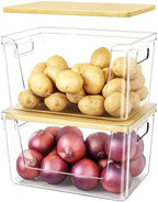 2 Set Pantry Organizer and Stackable Storage Kitchen,Sturdy and Durable Storage Basket for Potato, Onion, Garlic, Fruit, Vegetable, Produce, Clear Plastic Storage with Lid&Handle by Unknown