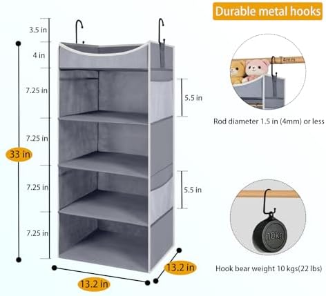 4-Shelf Hanging Closet Organizer and Storage with Side Pockets, Collapsible Closet Hanging Shelves for Storage, Grey - Image 2