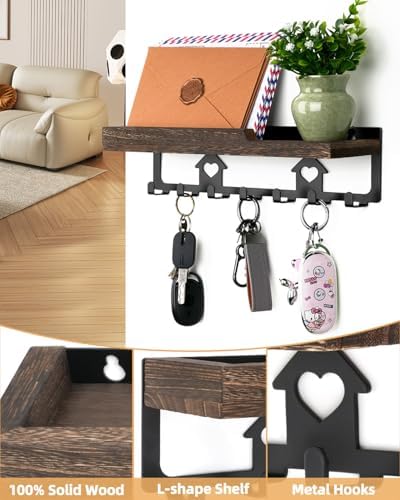 lucdnc Key Holder for Wall Mounted with Tray, 7 Hooks & Wood Shelf - Image 3