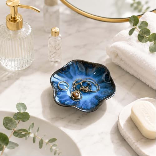 Lotus Leaf Shape Jewelry Dish Tray,Ceramic Blue Trinket Tray(Blue) - Image 3
