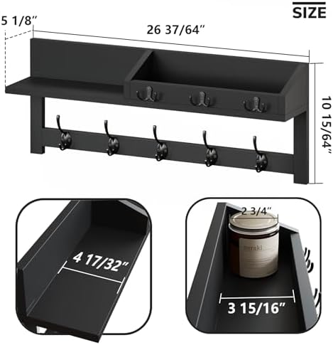 AMBIRD Wall Hooks with Shelf, 26.57 Inch Entryway Wood Coat Hooks for Wall, Coat Rack Wall Mount Rack with 5 Dual Hooks 3 Key Hooks Mail Organizer and Key Rack Key Holder (Black) - Image 2