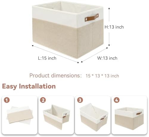 SNWDN 4 Pack Large Collapsible Fabric Storage Baskets with Handles (White/Beige 15''Lx13''Wx13''H) - Image 2
