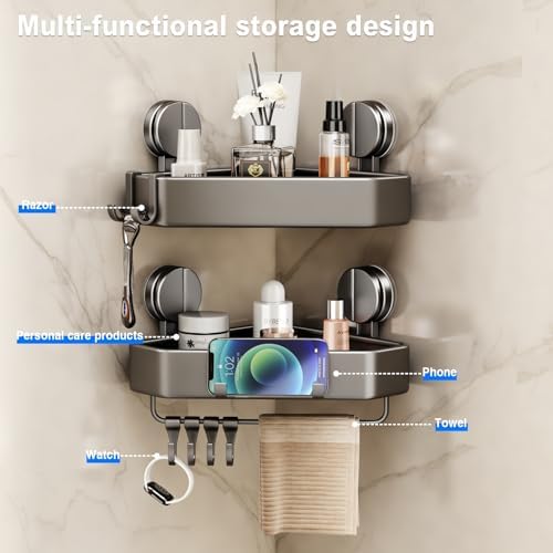 Mustorn Suction Cup Shower Caddy Corner, 2 Pack Suction Corner Shower Shelves No Drilling, Rustproof Shower Organizer Suction Cup with Towel Holder & Hooks Removable Bathroom Storage Rack(Gray) - Image 5