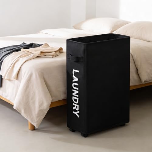 Slim Laundry Hamper with Wheels, 52L Skinny Hamper, 22" Black - Image 5