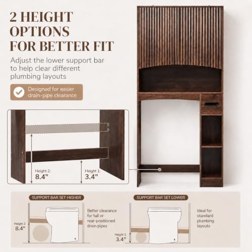 VINGLI Over-the-Toilet Storage Cabinet, 31.5" W Dark Walnut Bathroom Space Saver with Fluted Curved Doors, Adjustable Shelf, Reversible Side Shelves, Toilet Paper Holder and Anti-Tip Kit - Image 5