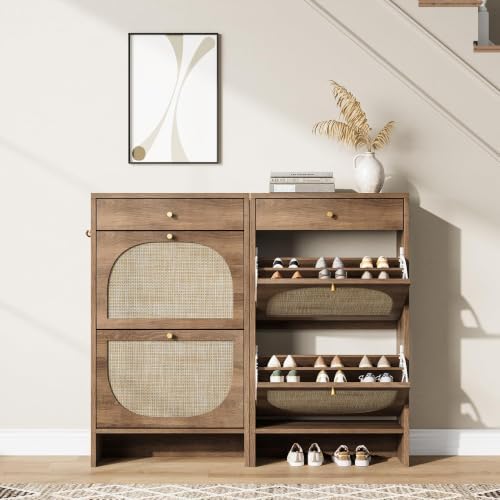Nicetree Shoe Cabinet for Entryway, Slim Shoe Rack with 2 Flip Drawers and Top Storage Drawer, Narrow Shoe Organizer with Printed Rattan-Look Design, Entryway Shoe Storage for Size 12+ Shoes, Caramel - Image 7