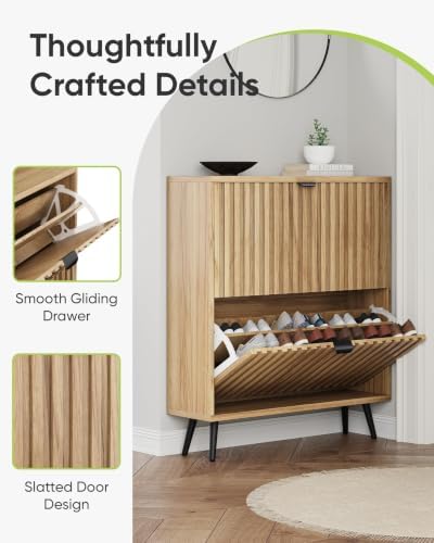 Shoe Storage Cabinet, Fluted Shoe Cabinet Storage for Entryway, Hidden Shoe Cabinet with Metal Legs,Shoe Organizer Cabinet with Flip Doors, Slim Entryway Shoe Storage Cabinet, Natural Wood-31.5in - Image 6
