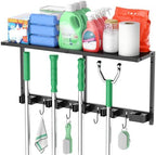 CCCEI Broom and Mop Wall Mount with Shelf, Laundry Room Cleaning Tools Organization Hanging Rack with Hooks, Bathroom, Garage, Garden Organizers and Storage. All Metal, Black, 1 Pack. by CCCEI