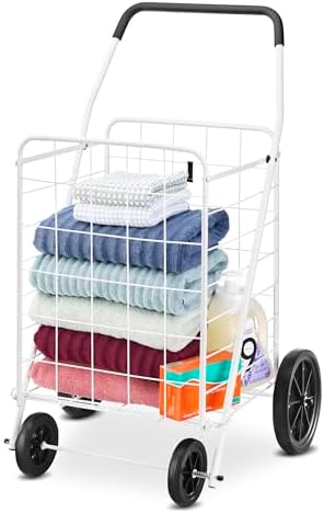 Whitmor Deluxe Utility Foldable Shopping Cart with Wheels, 100 Lb Capacity, Heavy Duty Grocery Cart with Steel Frame, Foam Handle, Rolling Folding Utility Trolley for Grocery, Laundry, Travel, White - Image 7