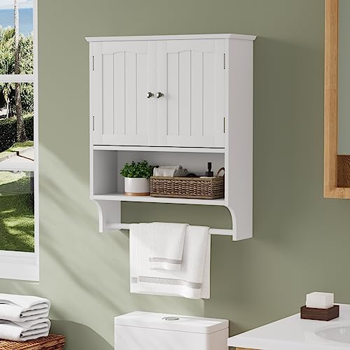 Smuxee White Bathroom Cabinet Wall Mounted with Towels Bar, Bathroom Medicine Cabinet with 2 Door Adjustable Shelves, Over Toilet Cabinet for Bathroom Laundry Room Kitchen - Image 3