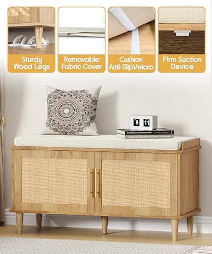Akxomel 39.4" Rattan Shoe Storage Bench 2 Doors Wooden Entryway Bench Oak - Image 5