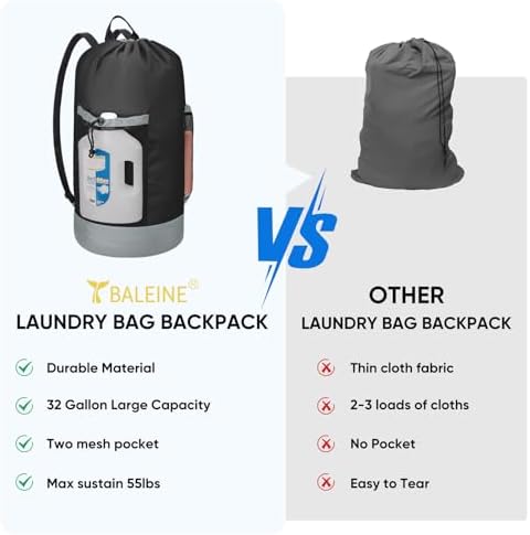 BALEINE 150L Laundry Bag Backpack, 900D Oxford Fabric Large Travel Laundry Bags with Shoulder Straps and 2 Mesh Pockets for College Dorm, Apartment, Laundromat (Black, 150L) - Image 6