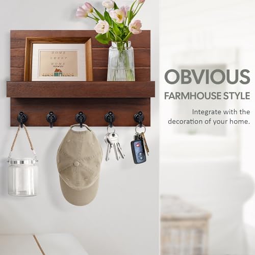 HONJIN Key Holder Wall Mount with Shelf and 5 Sturdy Key Hooks (Dark Brown) - Image 4