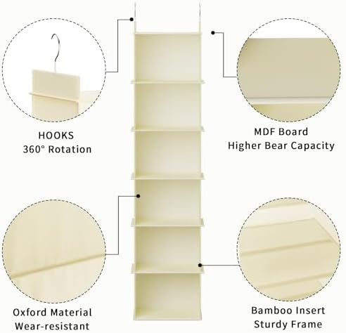 YOUDENOVA Hanging Closet Organizer, Closet Organizers and Storage, Beige | 6-Shelf Hanging Clothes Organizer with Waterproof Oxford Fabric, Ideal for Dorm Room Essentials, Clothes & Shoes - Image 6