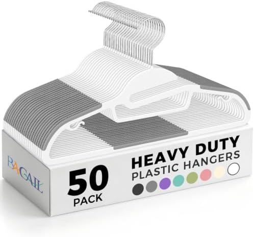 BAGAIL Plastic Hangers 50 Pack with Non-Slip Design,0.2 Inches Thick, 360°Swivel Hook Space Saving Organizer for Bedroom Closet,Shirts,Pants(White- S Shaped) by BAGAIL