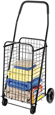 Whitmor Foldable Utility Shopping Cart with Wheels, Heavy Duty Metal Grocery Cart, Portable Foam Handle, Rolling Collapsible Trolley for Groceries, Laundry, Storage, Black - Image 2