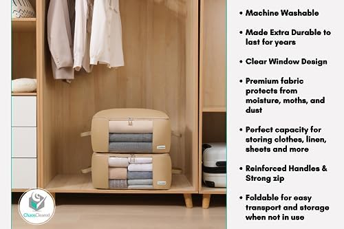 2 Pack Clothing Storage Bags Clothes Organizer folding fabric bags for sweaters, clothing, garment, bedding, quilt, linens, large folding organizers with zip & window (2 Pack Beige) - Image 6